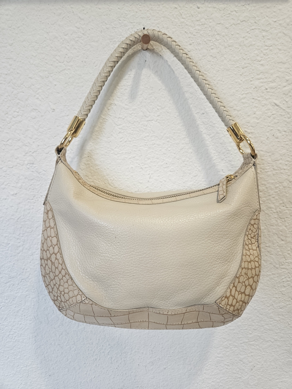Kate Landry Cream Leather Hobo Bag Braided Strap Mock Croc Accent